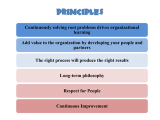 PRINCIPLES
 Continuously solving root problems drives organizational
                         learning

Add value to the organization by developing your people and
                         partners

      The right process will produce the right results


                  Long-term philosophy


                    Respect for People


                Continuous Improvement
 