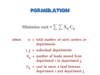 formulation

        Minimize cost = ∑   ∑ Xij Cij

where      n = total number of work centers or
                departments
         i, j = individual departments
          Xij = number of loads moved from
                department i to department j
          Cij = cost to move a load between
                department i and department j
 