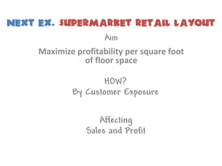 NEXT EX. SUPERMARKET RETAIL LAYOUT
                      Aim
     Maximize profitability per square foot
                of floor space

                    HOW?
             By Customer Exposure

                    Affecting
                 Sales and Profit
 