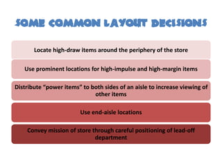 SOME COMMON LAYOUT DECISIONS
       Locate high-draw items around the periphery of the store

   Use prominent locations for high-impulse and high-margin items

Distribute “power items” to both sides of an aisle to increase viewing of
                             other items

                        Use end-aisle locations

    Convey mission of store through careful positioning of lead-off
                             department
 