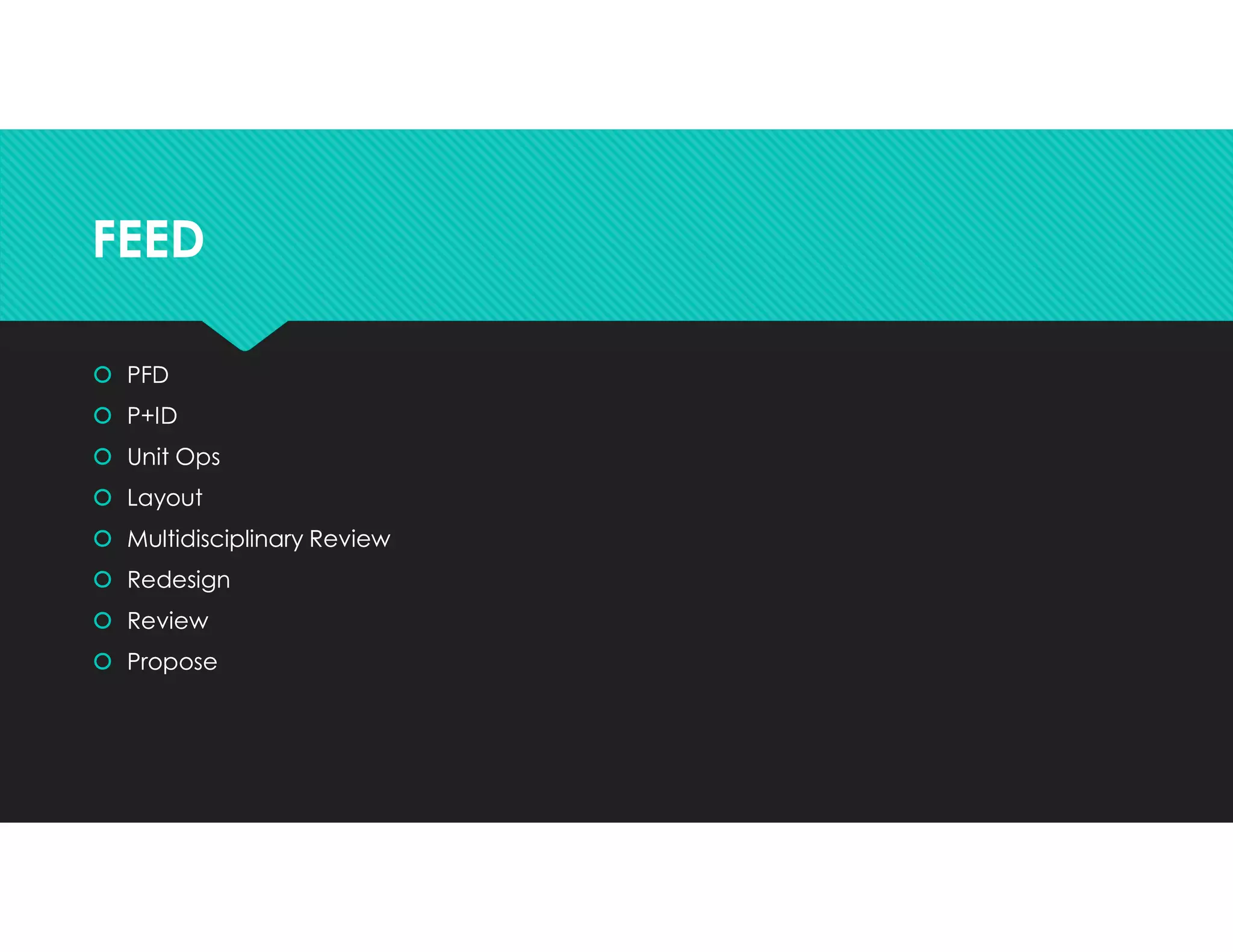 FEEDFEED
 PFD
 P+ID
 Unit Ops
 Layout
 Multidisciplinary Review
 Redesign
 Review
 Propose
 PFD
 P+ID
 Unit Ops
 Layout
 Multidisciplinary Review
 Redesign
 Review
 Propose
 