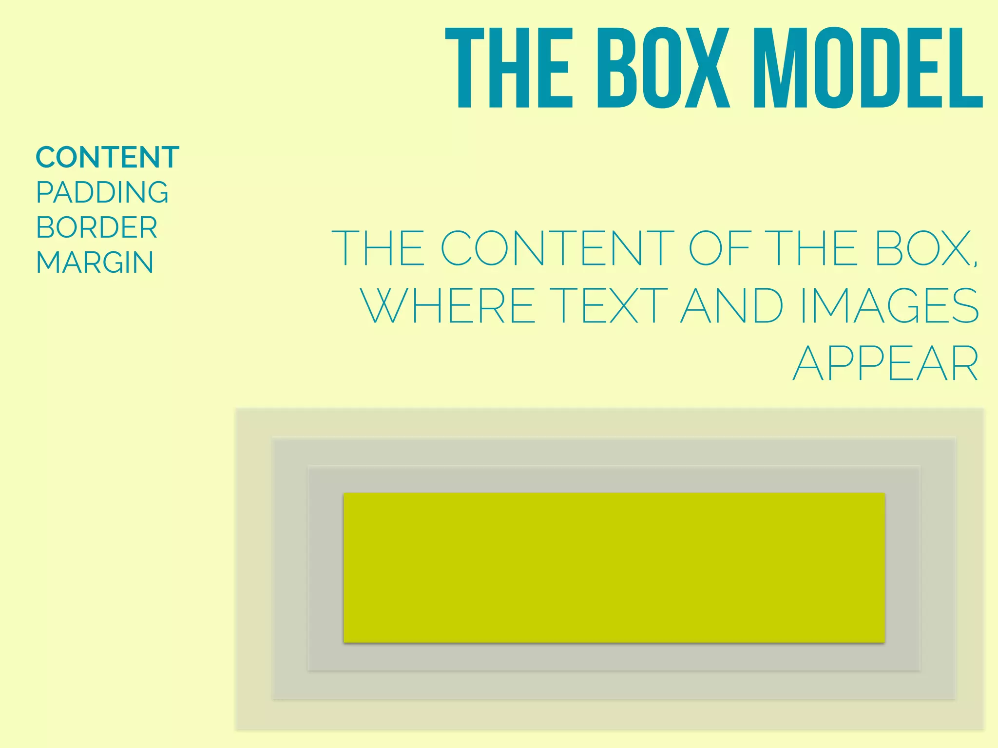 CONTENT
PADDING
BORDER
MARGIN
the box model
THE CONTENT OF THE BOX,
WHERE TEXT AND IMAGES
APPEAR
 