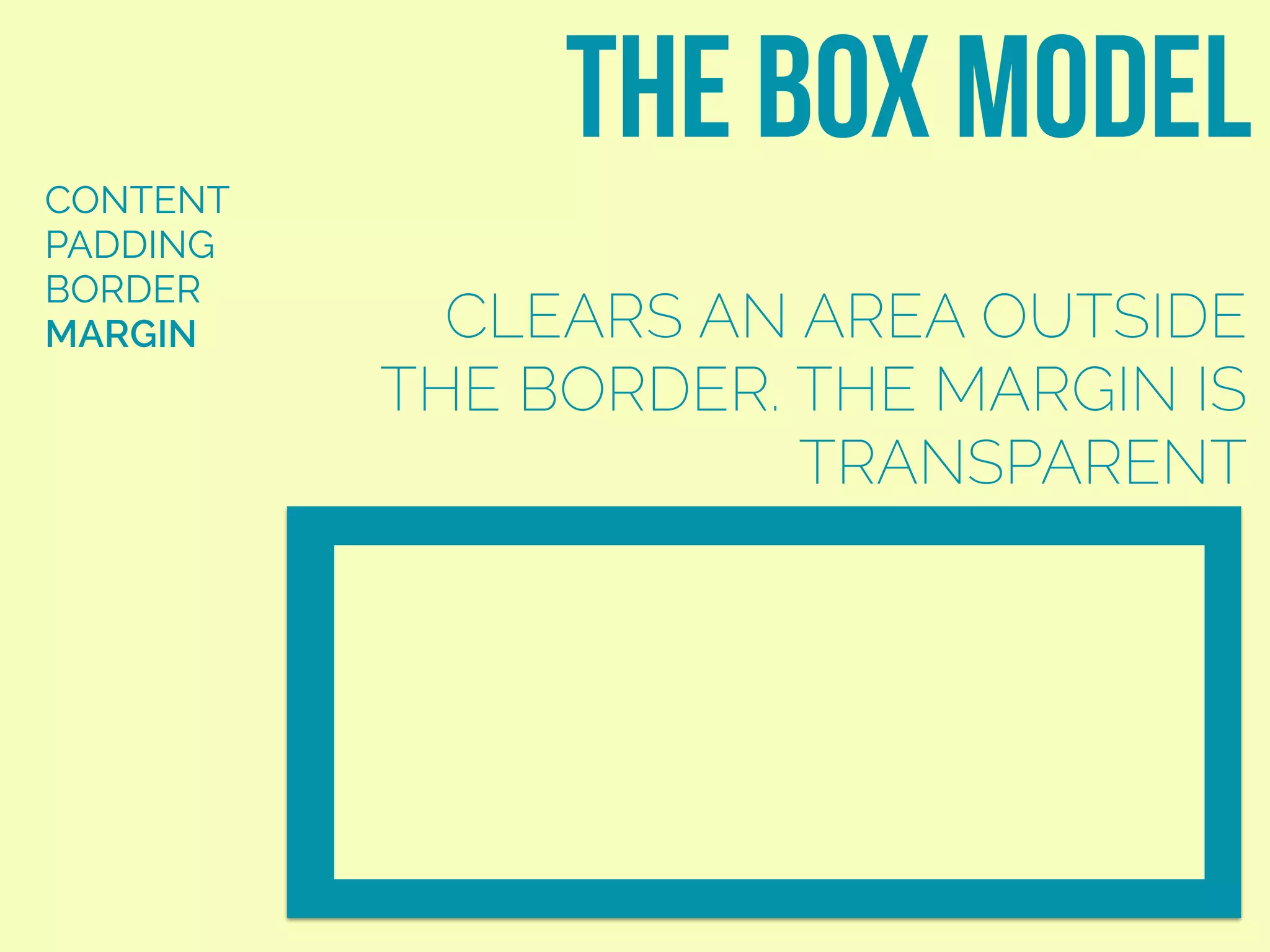 CONTENT
PADDING
BORDER
MARGIN
the box model
CLEARS AN AREA OUTSIDE
THE BORDER. THE MARGIN IS
TRANSPARENT
 