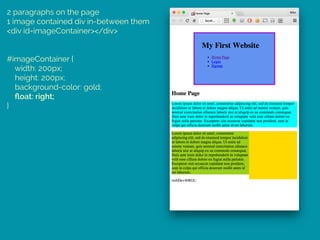 2 paragraphs on the page
1 image contained div in-between them
<div id=imageContainer></div>
#imageContainer { 
width: 200px; 
height: 200px; 
background-color: gold; 
ﬂoat: right; 
}
 