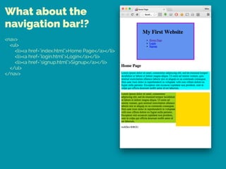 What about the
navigation bar!?
<nav> 
<ul> 
<li><a href="index.html">Home Page</a></li> 
<li><a href="login.html">Login</a></li> 
<li><a href="signup.html">Signup</a></li> 
</ul> 
</nav>
 