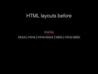 HTML layouts before 
display 
block | inline | inline-block | table | inline-table 
 