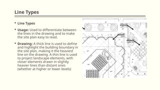 Line Types
 Line Types
 Usage: Used to differentiate between
the lines in the drawing and to make
the site plan easy to read.
 Drawing: A thick line is used to define
and highlight the building boundary in
the site plan, making it the heaviest
line on the drawing. A thin line is used
to project landscape elements, with
closer elements drawn in slightly
heavier lines than distant ones
(whether at higher or lower levels)
 