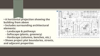 • A horizontal projection showing the
building from above
• Includes surrounding architectural
elements:
- Landscape & pathways
- Softscape (plants, greenery)
- Hardscape (columns, benches, etc.)
• Shows project plot boundaries, streets,
and adjacent properties
 