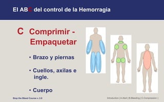 El ABC del control de la Hemorragia
Introduction | A-Alert | B-Bleeding | C-Compression |
Stop the Bleed Course v. 2.0
C Comprimir -
Empaquetar
• Brazo y piernas
• Cuellos, axilas e
ingle.
• Cuerpo
 