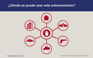´¿Dónde se puede usar este entrenamiento?
Introduction | A-Alert | B-Bleeding | C-Compression |
Stop the Bleed Course v. 2.0
 