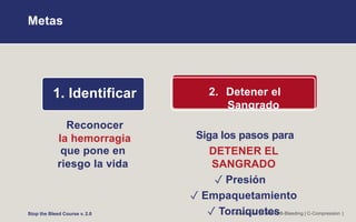 Metas
1. Identificar
Reconocer
la hemorragia
que pone en
riesgo la vida
Introduction | A-Alert | B-Bleeding | C-Compression |
2. Detener el
Sangrado
Siga los pasos para
DETENER EL
SANGRADO
✓ Presión
✓ Empaquetamiento
✓ Torniquetes
Stop the Bleed Course v. 2.0
 