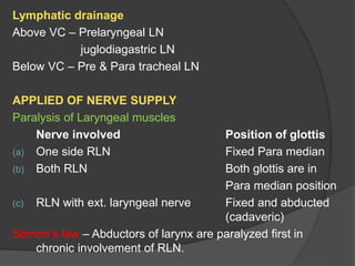 Lymphatic drainage
Above VC – Prelaryngeal LN
juglodiagastric LN
Below VC – Pre & Para tracheal LN
APPLIED OF NERVE SUPPLY
Paralysis of Laryngeal muscles
Nerve involved Position of glottis
(a) One side RLN Fixed Para median
(b) Both RLN Both glottis are in
Para median position
(c) RLN with ext. laryngeal nerve Fixed and abducted
(cadaveric)
Semon’s law – Abductors of larynx are paralyzed first in
chronic involvement of RLN.
 