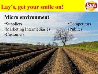 Lay's, get your smile on!
•Suppliers
•Marketing Intermediaries
•Customers
Micro environment
•Competitors
•Publics
 