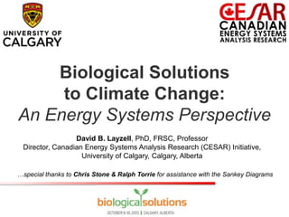 Biological Solutions
to Climate Change:
An Energy Systems Perspective
David B. Layzell, PhD, FRSC, Professor
Director, Canadian Energy Systems Analysis Research (CESAR) Initiative,
University of Calgary, Calgary, Alberta
…special thanks to Chris Stone & Ralph Torrie for assistance with the Sankey Diagrams
 