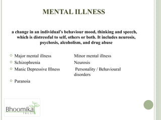 MENTAL ILLNESS a change in an individual’s behaviour mood, thinking and speech, which is distressful to self, others or both. It includes neurosis, psychosis, alcoholism, and drug abuse Major mental illness Minor mental illness Schizophrenia Neurosis Manic Depressive Illness   Personality / Behavioural  disorders Paranoia 