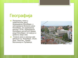 Географија
 Лазаревац лежи у
живописном делу
Шумадијске Колубаре, у
непосредној близини реке
Колубаре, на надморској
висини 157м. Шумадијска
Колубара нагнута је према
реци Колубари, по којој је и
добила своје име.
 Главне реке и речице ове
области су: Колубара, Оњег,
Љиг, Пештан, Турија,
Бељаница и Лукавица.
 