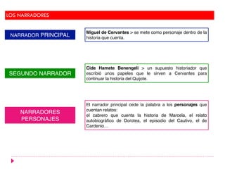 LOS NARRADORES
SEGUNDO NARRADOR
NARRADORES
PERSONAJES
Miguel de Cervantes > se mete como personaje dentro de la
historia que cuenta.
El narrador principal cede la palabra a los personajes que
cuentan relatos:
el cabrero que cuenta la historia de Marcela, el relato
autobiográfico de Dorotea, el episodio del Cautivo, el de
Cardenio…
NARRADOR PRINCIPAL
Cide Hamete Benengeli > un supuesto historiador que
escribió unos papeles que le sirven a Cervantes para
continuar la historia del Quijote.
 