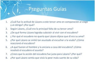 PreguntasGuías¿Cuálfue la actitud de Lázaro a este tercer amo en comparación al ciego y al clérigo? ¿Porqué?SegúnLázaro, ¿Cuálera la principal falta de su tercer amo?¿De qué forma Lázarolograbasubsistir al vivir con el escudero?¿ Porqué el escudero no quería que Lázarodijese que élera su amo?¿PorquéLázaro se sintió tan asustado al escuchar a la viuda? ¿Cómoreaccionó el escudero?¿A quéfueron el hombre y la anciana a casa delescudero? ¿Cómoresolvió el escudero el asunto?¿Crees que la accióndelescuderofuejusta para Lázaro? ¿Porqué?¿PorquéLázarosentía que vivía la peormalasuerte de su vida?