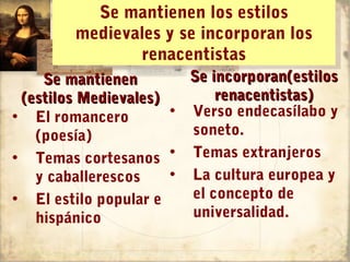 Se mantienen los estilos
           Se mantienen los estilos
        medievales yyse incorporan los
        medievales se incorporan los
               renacentistas
                renacentistas
    Se mantienen        Se incorporan(estilos
 (estilos Medievales)       renacentistas)
• El romancero        • Verso endecasílabo y
   (poesía)             soneto.
• Temas cortesanos • Temas extranjeros
   y caballerescos    • La cultura europea y
• El estilo popular e   el concepto de
   hispánico            universalidad.
 