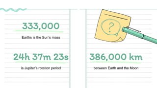 333,000
24h 37m 23s 386,000 km
Earths is the Sun’s mass
is Jupiter’s rotation period between Earth and the Moon
 