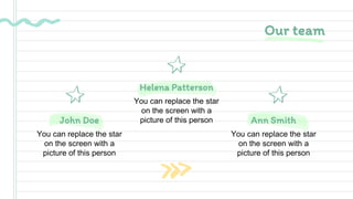 Our team
John Doe Ann Smith
Helena Patterson
You can replace the star
on the screen with a
picture of this person
You can replace the star
on the screen with a
picture of this person
You can replace the star
on the screen with a
picture of this person
 