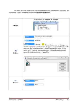 Na tabela a seguir, estão descritas as propriedades dos componentes, presentes no
formulário Form1, que foram alteradas no Inspetor de Objetos:



                                      Propriedades no Inspetor de Objetos


      Objeto




                                                        Acionando o mouse no destaque em
                      amarelo, aparecerá a janela abaixo. A opção Carregar irá buscar no PC
                      um ícone, não necessariamente a mesma imagem que se vê. Se não
                      existir no PC, deve-se buscar na Internet. O ícone será apresentado
                      dentro do botão, conforme a Figura 29a.
     BitBtn1




     Button1




Free Pascal LAZARUS                                                    Melo (2012)      31
 