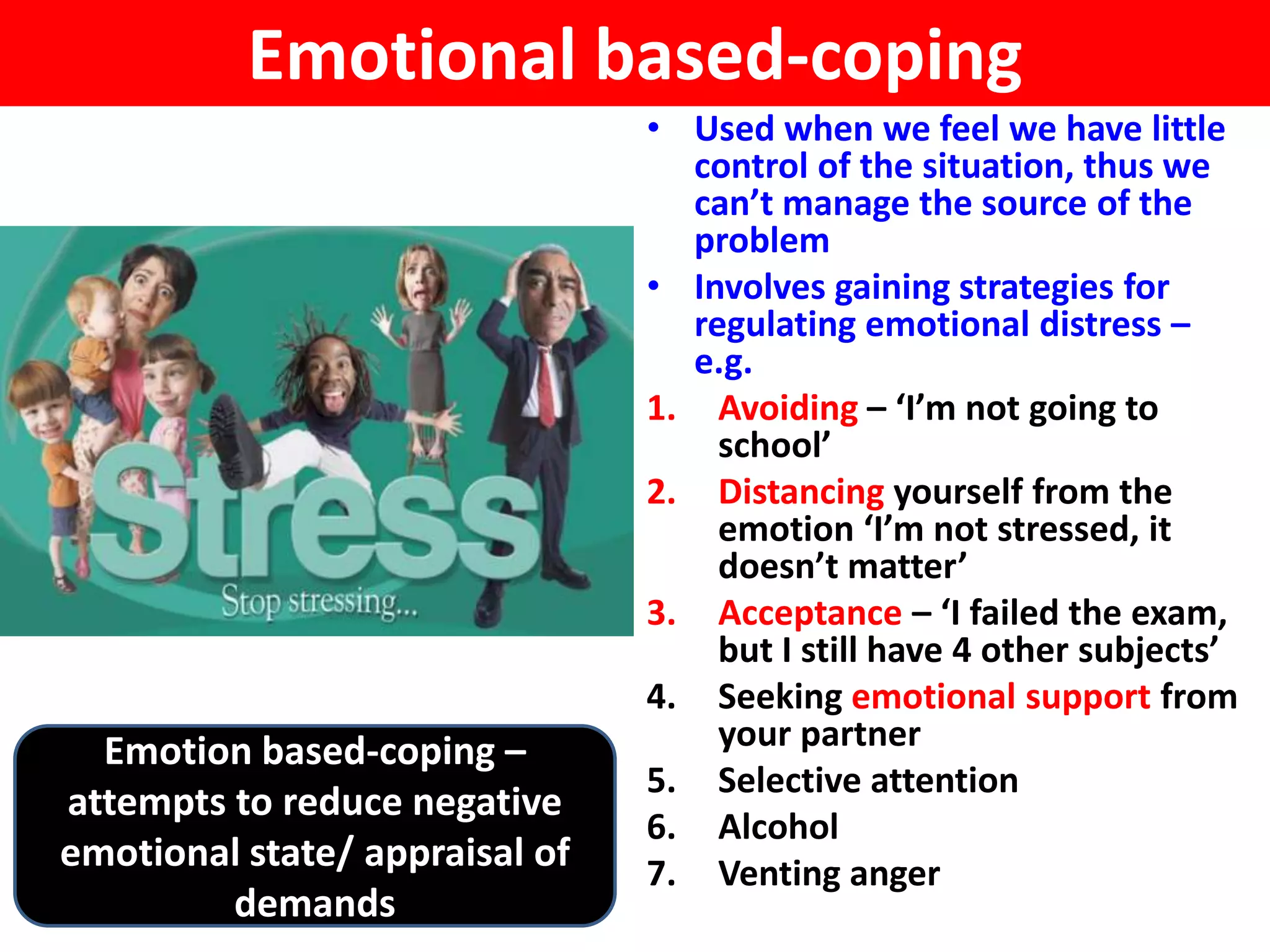 Emotional based-coping
                                • Used when we feel we have little
                                  control of the situation, thus we
                                  can’t manage the source of the
                                  problem
                                • Involves gaining strategies for
                                  regulating emotional distress –
                                  e.g.
                                1. Avoiding – ‘I’m not going to
                                    school’
                                2. Distancing yourself from the
                                    emotion ‘I’m not stressed, it
                                    doesn’t matter’
                                3. Acceptance – ‘I failed the exam,
                                    but I still have 4 other subjects’
                                4. Seeking emotional support from
  Emotion based-coping –            your partner
                                5. Selective attention
attempts to reduce negative
                                6. Alcohol
emotional state/ appraisal of   7. Venting anger
         demands
 