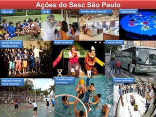 Educação Saúde Alimentação e Nutrição
Ações ArtísticasDesenvolvimento
Infanto-juvenil
Desenvolvimento
Físico-esportivo
Ações do Sesc São Paulo
Cultura Digital
Trabalho Social
com Idosos
Turismo Social
Sustentabilidade
 