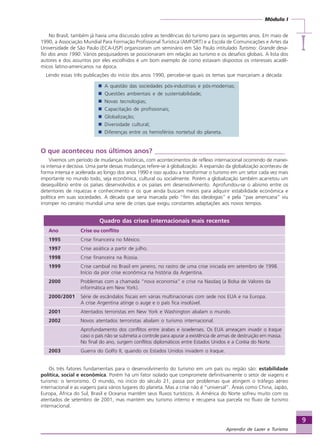 9
Módulo I
IIIII
Aprendiz de Lazer e Turismo
No Brasil, também já havia uma discussão sobre as tendências do turismo para os seguintes anos. Em maio de
1990, a Associação Mundial Para Formação Profissional Turística (AMFORT) e a Escola de Comunicações e Artes da
Universidade de São Paulo (ECA-USP) organizaram um seminário em São Paulo intitulado Turismo: Grande desa-
fio dos anos 1990. Vários pesquisadores se posicionaram em relação ao turismo e os desafios globais. A lista dos
autores e dos assuntos por eles escolhidos é um bom exemplo de como estavam dispostos os interesses acadê-
micos latino-americanos na época.
Lendo essas três publicações do início dos anos 1990, percebe-se quais os temas que marcariam a década:
A questão das sociedades pós-industriais e pós-modernas;
Questões ambientais e de sustentabilidade;
Novas tecnologias;
Capacitação de profissionais;
Globalização;
Diversidade cultural;
Diferenças entre os hemisférios norte/sul do planeta.
O que aconteceu nos últimos anos? _______________________________________
Vivemos um período de mudanças históricas, com acontecimentos de reflexo internacional ocorrendo de manei-
ra intensa e decisiva. Uma parte dessas mudanças refere-se à globalização. A expansão da globalização aconteceu de
forma intensa e acelerada ao longo dos anos 1990 e isso ajudou a transformar o turismo em um setor cada vez mais
importante no mundo todo, seja econômica, cultural ou socialmente. Porém a globalização também acarretou um
desequilíbrio entre os países desenvolvidos e os países em desenvolvimento. Aprofundou-se o abismo entre os
detentores de riquezas e conhecimento e os que ainda buscam meios para adquirir estabilidade econômica e
política em suas sociedades. A década que seria marcada pelo “fim das ideologias” e pela “pax americana” viu
irromper no cenário mundial uma serie de crises que exigiu constantes adaptações aos novos tempos.
Quadro das crises internacionais mais recentes
Ano Crise ou conflito
1995 Crise financeira no México.
1997 Crise asiática a partir de julho.
1998 Crise financeira na Rússia.
1999 Crise cambial no Brasil em janeiro, no rastro de uma crise iniciada em setembro de 1998.
Início da pior crise econômica na história da Argentina.
2000 Problemas com a chamada “nova economia” e crise na Nasdaq (a Bolsa de Valores da
informática em New York).
2000/2001 Série de escândalos fiscais em várias multinacionais com sede nos EUA e na Europa.
A crise Argentina atinge o auge e o país fica insolúvel.
2001 Atentados terroristas em New York e Washington abalam o mundo.
2002 Novos atentados terroristas abalam o turismo internacional.
Aprofundamento dos conflitos entre árabes e israelenses. Os EUA ameaçam invadir o Iraque
caso o país não se submeta a controle para apurar a existência de armas de destruição em massa.
No final do ano, surgem conflitos diplomáticos entre Estados Unidos e a Coréia do Norte.
2003 Guerra do Golfo II, quando os Estados Unidos invadem o Iraque.
Os três fatores fundamentais para o desenvolvimento do turismo em um país ou região são: estabilidade
política, social e econômica. Porém há um fator isolado que compromete definitivamente o setor de viagens e
turismo: o terrorismo. O mundo, no início do século 21, passa por problemas que atingem o tráfego aéreo
internacional e as viagens para vários lugares do planeta. Mas a crise não é “universal”. Áreas como China, Japão,
Europa, África do Sul, Brasil e Oceania mantêm seus fluxos turísticos. A América do Norte sofreu muito com os
atentados de setembro de 2001, mas mantém seu turismo interno e recupera sua parcela no fluxo de turismo
internacional.
Aprendiz_Fev_2007.P65 26/3/2007, 13:239
 