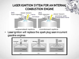 LASER IGNITION SYTEM FOR ANINTERNAL
COMBUSTION ENGINE
• Laserignition will replace the spark plug seenincurrent
gasoline engines
 