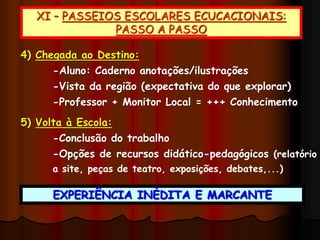 XI – PASSEIOS ESCOLARES ECUCACIONAIS:
PASSO A PASSO
4) Chegada ao Destino:
-Aluno: Caderno anotações/ilustrações
-Vista da região (expectativa do que explorar)
-Professor + Monitor Local = +++ Conhecimento
5) Volta à Escola:
-Conclusão do trabalho
-Opções de recursos didático-pedagógicos (relatório
a site, peças de teatro, exposições, debates,...)
EXPERIÊNCIA INÉDITA E MARCANTE
 