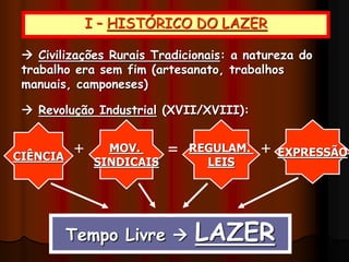 I – HISTÓRICO DO LAZER
Tempo Livre  LAZER
CIÊNCIA
 Civilizações Rurais Tradicionais: a natureza do
trabalho era sem fim (artesanato, trabalhos
manuais, camponeses)
 Revolução Industrial (XVII/XVIII):
MOV.
SINDICAIS
+ = REGULAM.
LEIS
+ EXPRESSÃO
 