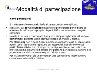 Modalità di partecipazione       Come partecipare?E' molto semplice e non richiede alcuna procedura complicata.registrarsi sul portale europeo (questo è il primo passo per indicare ad altre scuole in Europa la propria disponibilità a lavorare su un progetto comune); trovato il partner e concordato il progetto bisogna registrarlo nel portale etwinning (il progetto viene approvato dopo un max di 7 giorni).      Per eTwinningnon ci sono finanziamenti, ma neanche costi e, soprattutto, non ci sono scadenze da rispettare per registrarsi, non ci sono vincoli particolari relativi al tipo di progetto che si può attivare, non esiste un limite massimo al numero di scuole che possono partecipare all'azione e le procedure amministrative sono quasi ridotte a zero.       Per iniziare servono solo un computer, una connessione internet e una conoscenza informatica minima. Dir. scolastico Anna Maria Campo