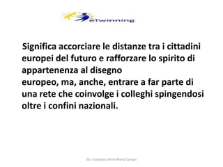     Significa accorciare le distanze tra i cittadini europei del futuro e rafforzare lo spirito di appartenenza al disegno europeo, ma, anche, entrare a far parte di una rete che coinvolge i colleghi spingendosi oltre i confini nazionali. Dir. scolastico Anna Maria Campo