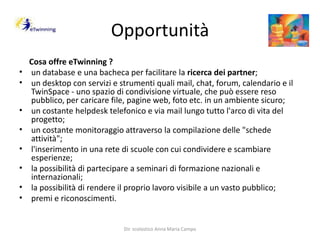 Opportunità     Cosa offre eTwinning ?un database e una bacheca per facilitare la ricerca dei partner;un desktop con servizi e strumenti quali mail, chat, forum, calendario e il TwinSpace - uno spazio di condivisione virtuale, che può essere reso pubblico, per caricare file, pagine web, foto etc. in un ambiente sicuro;un costante helpdesk telefonico e via mail lungo tutto l'arco di vita del progetto;un costante monitoraggio attraverso la compilazione delle "schede attività";l'inserimento in una rete di scuole con cui condividere e scambiare esperienze; la possibilità di partecipare a seminari di formazione nazionali e internazionali;la possibilità di rendere il proprio lavoro visibile a un vasto pubblico;premi e riconoscimenti.Dir. scolastico Anna Maria Campo
