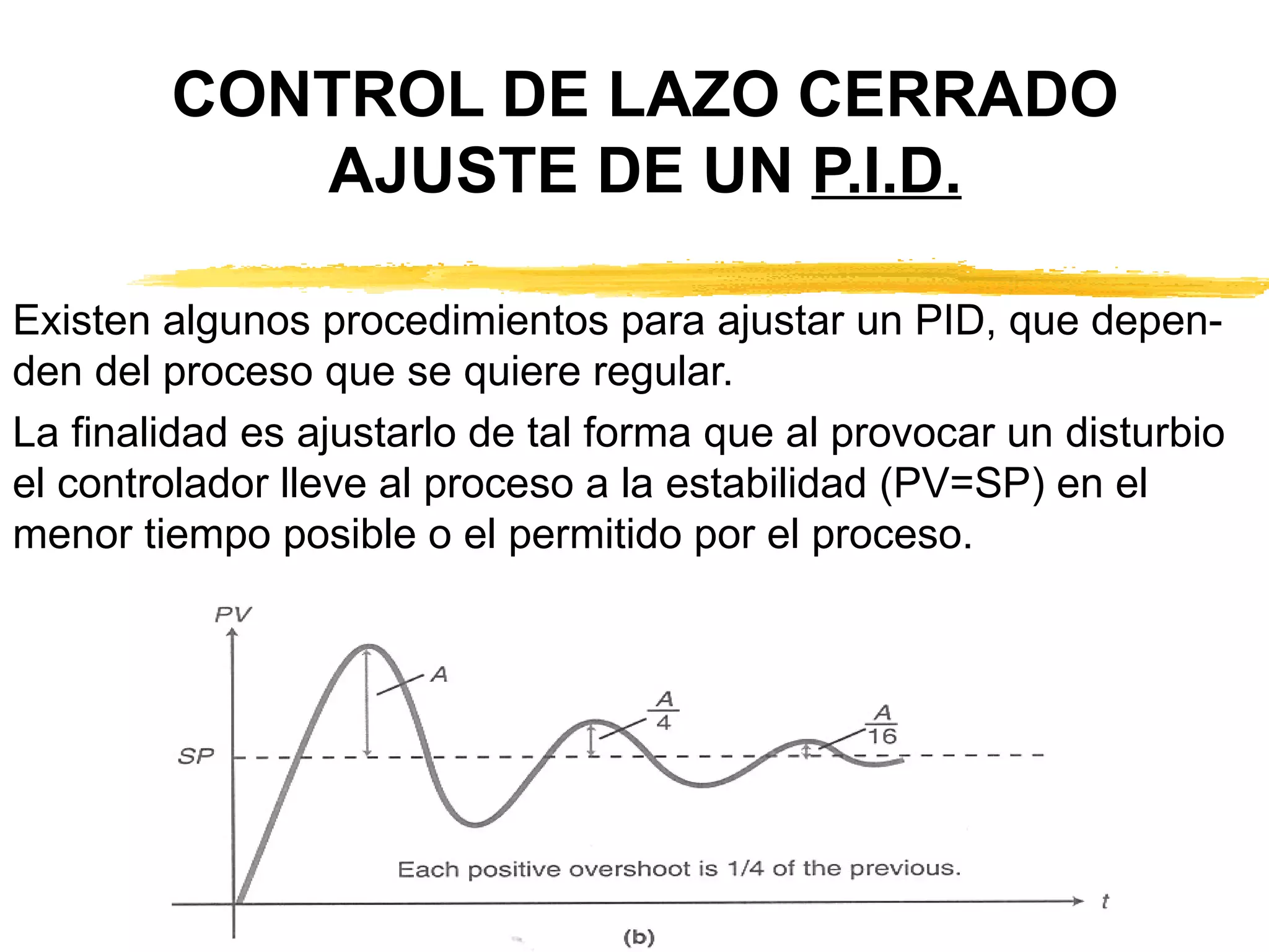 CONTROL DE LAZO CERRADO AJUSTE DE UN  P.I.D. Existen algunos procedimientos para ajustar un PID, que depen-den del proceso que se quiere regular. La finalidad es ajustarlo de tal forma que al provocar un disturbio el controlador lleve al proceso a la estabilidad (PV=SP) en el menor tiempo posible o el permitido por el proceso.  