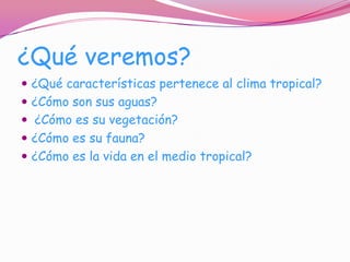 ¿Qué veremos?
 ¿Qué características pertenece al clima tropical?
 ¿Cómo son sus aguas?
 ¿Cómo es su vegetación?
 ¿Cómo es su fauna?
 ¿Cómo es la vida en el medio tropical?
 