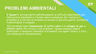 CT
Aggiungere un piè di pagina 5
PROBLEMI AMBIENTALI
• I liquami sottoprodotto dell’allevamento di difficile smaltimento per
l’alto potere inquinante e il basso valore economico. Per risolvere il
problema si è cercato di ottenere un letame di più alta qualità, facilmente
trasformabile in compost.
• Altri problemi sono l’emanazione di cattivi odori e lo sviluppo di gas a
effetto serra. Per ovviare a tali problemi i liquami possono essere
stabilizzati e deodorati mediante trattamenti con agenti chimici o fisici,
che inibiscono le fermentazioni.
 