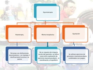Equinoterapia




                                                                            Equitación
         Hipoterapia,                  Monta terapéutica




                                    No se requiere de ninguna
  Personas con disfunciones
                                   acción del paciente, se utiliza     Se utilizan ejercicios de
neuromotoras y se manejan 2
                                     como tal la realización de      gimnasia y neuromusculares
 clasificaciones la activa y la
                                  ejercicios neuromusculares , la      combinados con juegos.
             pasiva
                                     coordinación, el equilibrio
 