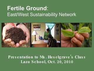 Presentation to Ms. Heselgrave’s Class Lazo School, Oct. 20, 2010 Fertile Ground :   East/West Sustainability Network 