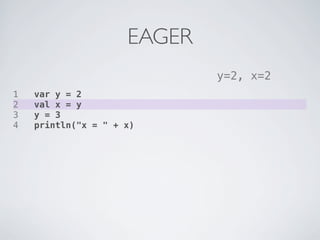 EAGER
                             y=2, x=2
1   var y = 2
2   val x = y
3   y = 3
4   println("x = " + x)
 
