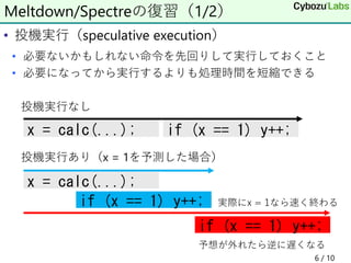 • 投機実行（speculative execution）
• 必要ないかもしれない命令を先回りして実行しておくこと
• 必要になってから実行するよりも処理時間を短縮できる
投機実行なし
投機実行あり（x = 1を予測した場合）
6 / 10
Meltdown/Spectreの復習（1/2）
x = calc(...); if (x == 1) y++;
x = calc(...);
if (x == 1) y++;
if (x == 1) y++;
実際にx = 1なら速く終わる
予想が外れたら逆に遅くなる
 