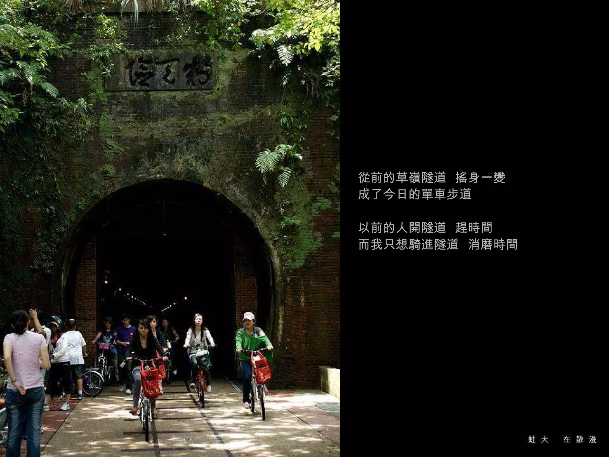 從前的草嶺隧道  搖身一變  成了今日的單車步道 以前的人開隧道  趕時間 而我只想騎進隧道  消磨時間 