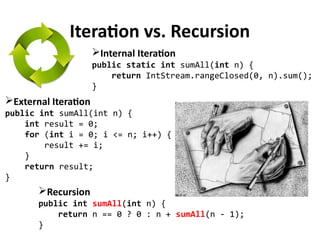 Iteration vs. Recursion
External Iteration
public int sumAll(int n) {
int result = 0;
for (int i = 0; i <= n; i++) {
result += i;
}
return result;
}
Recursion
public int sumAll(int n) {
return n == 0 ? 0 : n + sumAll(n - 1);
}
Internal Iteration
public static int sumAll(int n) {
return IntStream.rangeClosed(0, n).sum();
}
 