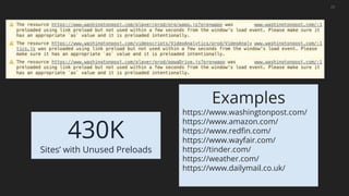20
430K
Sites’ with Unused Preloads
Examples
https://www.washingtonpost.com/
https://www.amazon.com/
https://www.redfin.com/
https://www.wayfair.com/
https://tinder.com/
https://weather.com/
https://www.dailymail.co.uk/
 