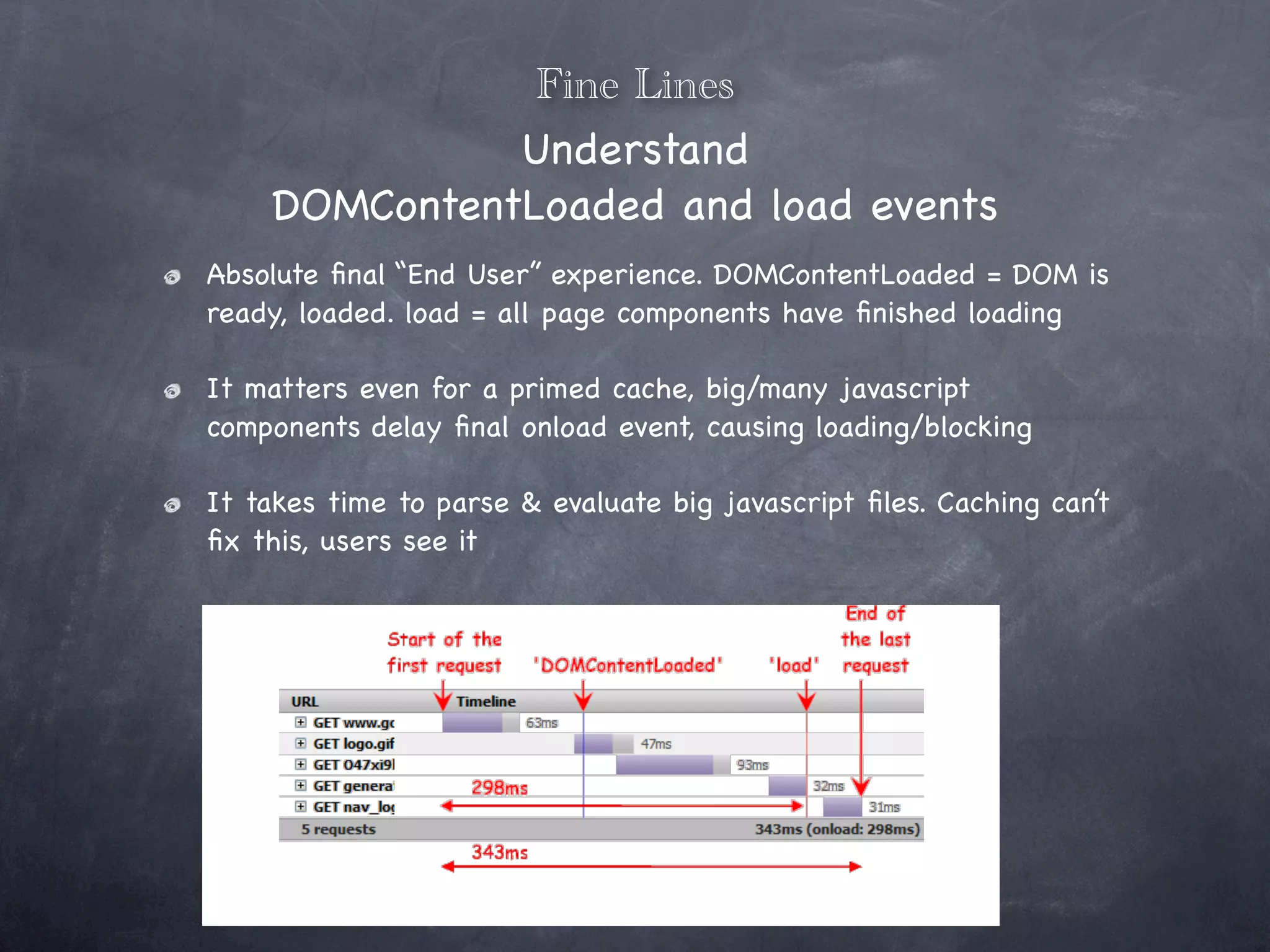 Fine Lines
              Understand
    DOMContentLoaded and load events
Absolute ﬁnal “End User” experience. DOMContentLoaded = DOM is
ready, loaded. load = all page components have ﬁnished loading

It matters even for a primed cache, big/many javascript
components delay ﬁnal onload event, causing loading/blocking

It takes time to parse & evaluate big javascript ﬁles. Caching can’t
ﬁx this, users see it
 