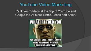 YouTube Video Marketing
Rank Your Videos at the Top of YouTube and
Google to Get More Traffic, Leads and Sales.
 