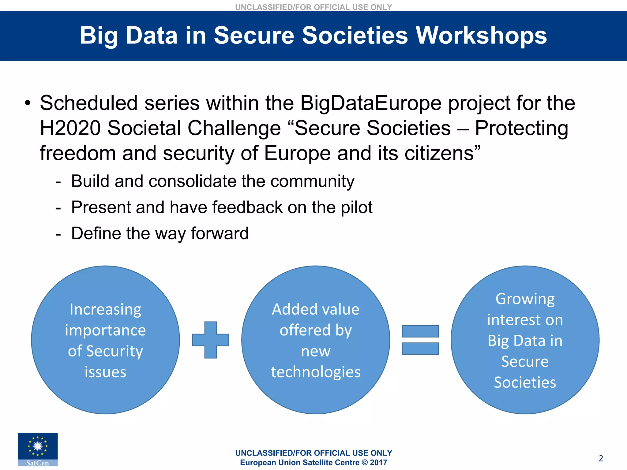 UNCLASSIFIED/FOR OFFICIAL USE ONLY
European Union Satellite Centre © 2017
UNCLASSIFIED/FOR OFFICIAL USE ONLY
2
Stakeholders interviews• Scheduled series within the BigDataEurope project for the
H2020 Societal Challenge “Secure Societies – Protecting
freedom and security of Europe and its citizens”
- Build and consolidate the community
- Present and have feedback on the pilot
- Define the way forward
Big Data in Secure Societies Workshops
Increasing
importance
of Security
issues
Added value
offered by
new
technologies
Growing
interest on
Big Data in
Secure
Societies
 