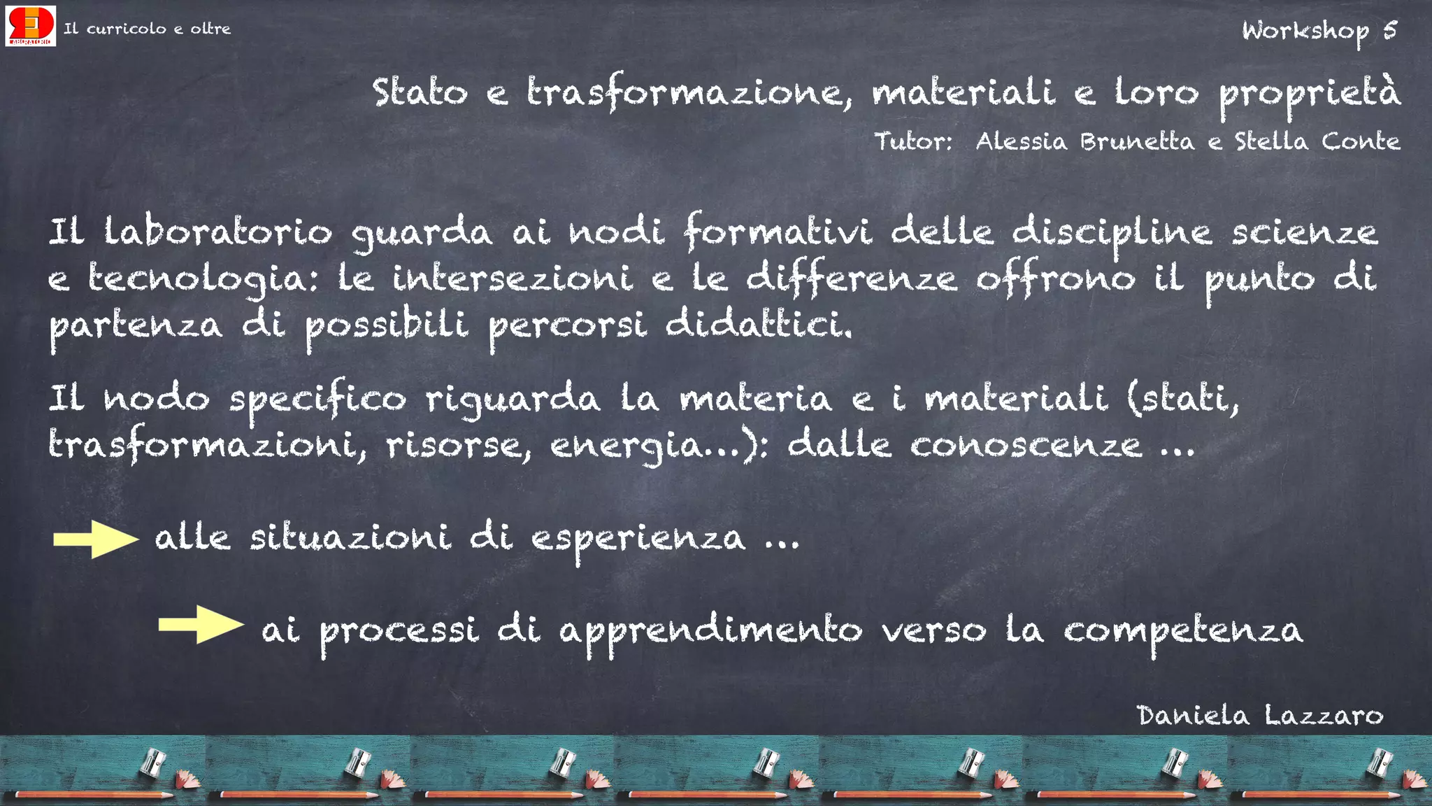 Il curricolo e oltre
Daniela Lazzaro
Stato e trasformazione, materiali e loro proprietà
Tutor:  Alessia Brunetta e Stella Conte
Workshop 5
Il laboratorio guarda ai nodi formativi delle discipline scienze
e tecnologia: le intersezioni e le differenze offrono il punto di
partenza di possibili percorsi didattici.
Il nodo specifico riguarda la materia e i materiali (stati,
trasformazioni, risorse, energia…): dalle conoscenze …
alle situazioni di esperienza …
ai processi di apprendimento verso la competenza
 