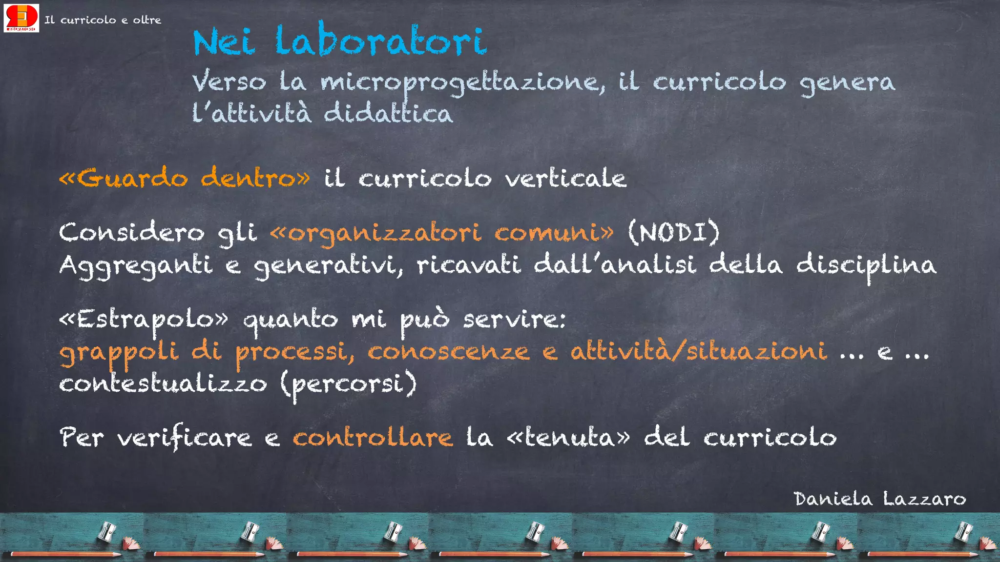 Il curricolo e oltre
«Guardo dentro» il curricolo verticale
Considero gli «organizzatori comuni» (NODI)
Aggreganti e generativi, ricavati dall’analisi della disciplina
«Estrapolo» quanto mi può servire:
grappoli di processi, conoscenze e attività/situazioni … e …
contestualizzo (percorsi)
Per verificare e controllare la «tenuta» del curricolo
Nei laboratori
Verso la microprogettazione, il curricolo genera
l’attività didattica
Daniela Lazzaro
 
